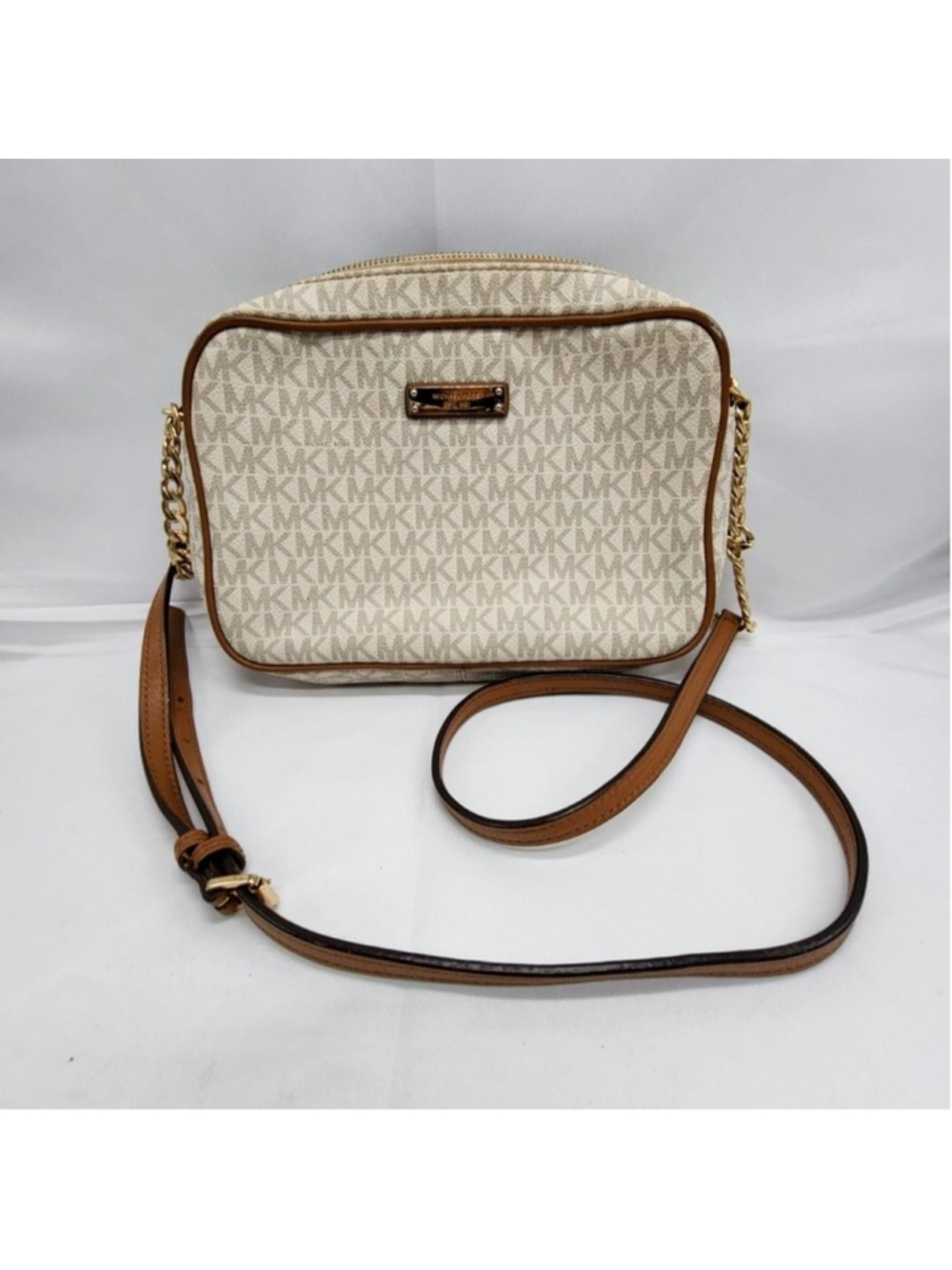 Michael Kors Crossbody Bag Womens Small Beige Logo Canvas Leather Purse Zip